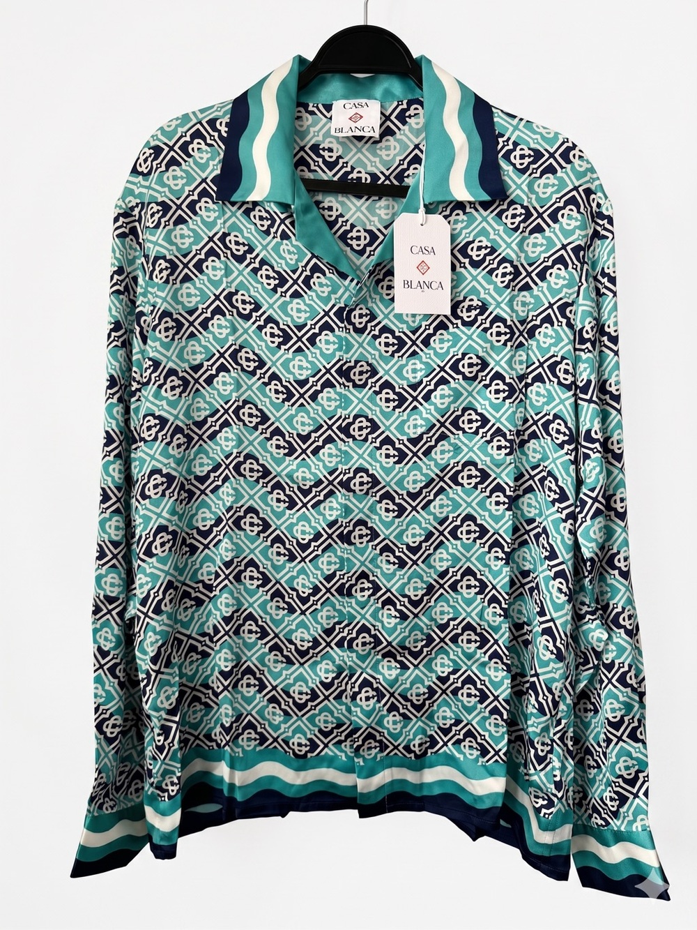 NWT Casablanca Monogram Wave 100% Silk Satin Cuban Collar Shirt Size S